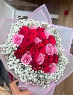 Mixed Red and Pink Roses in Pink Wrapper